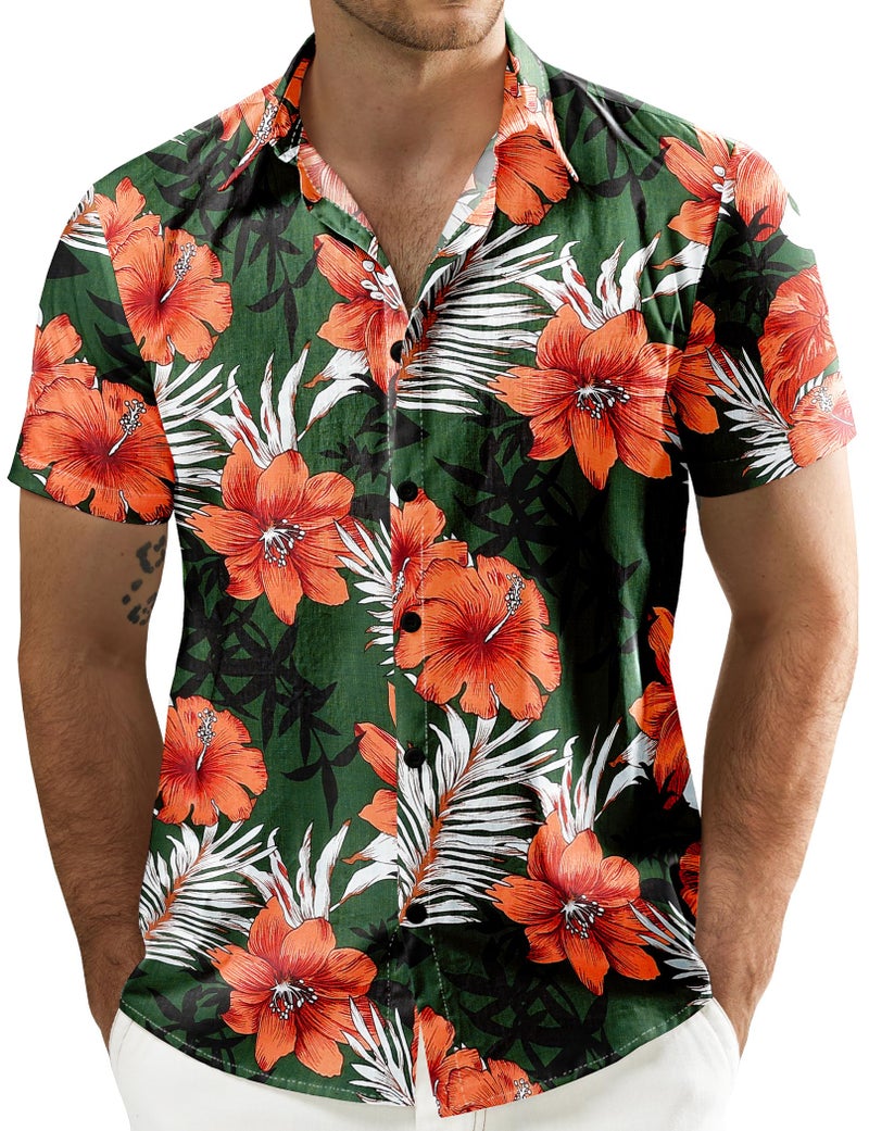 JOGAL Men's Flower Casual Button Down Short Sleeve Hawaiian Shirt Large Green - Image 1